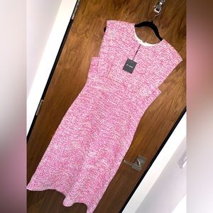 St. John Bouclé Slub Tweed Knit Midi Dress Cerise